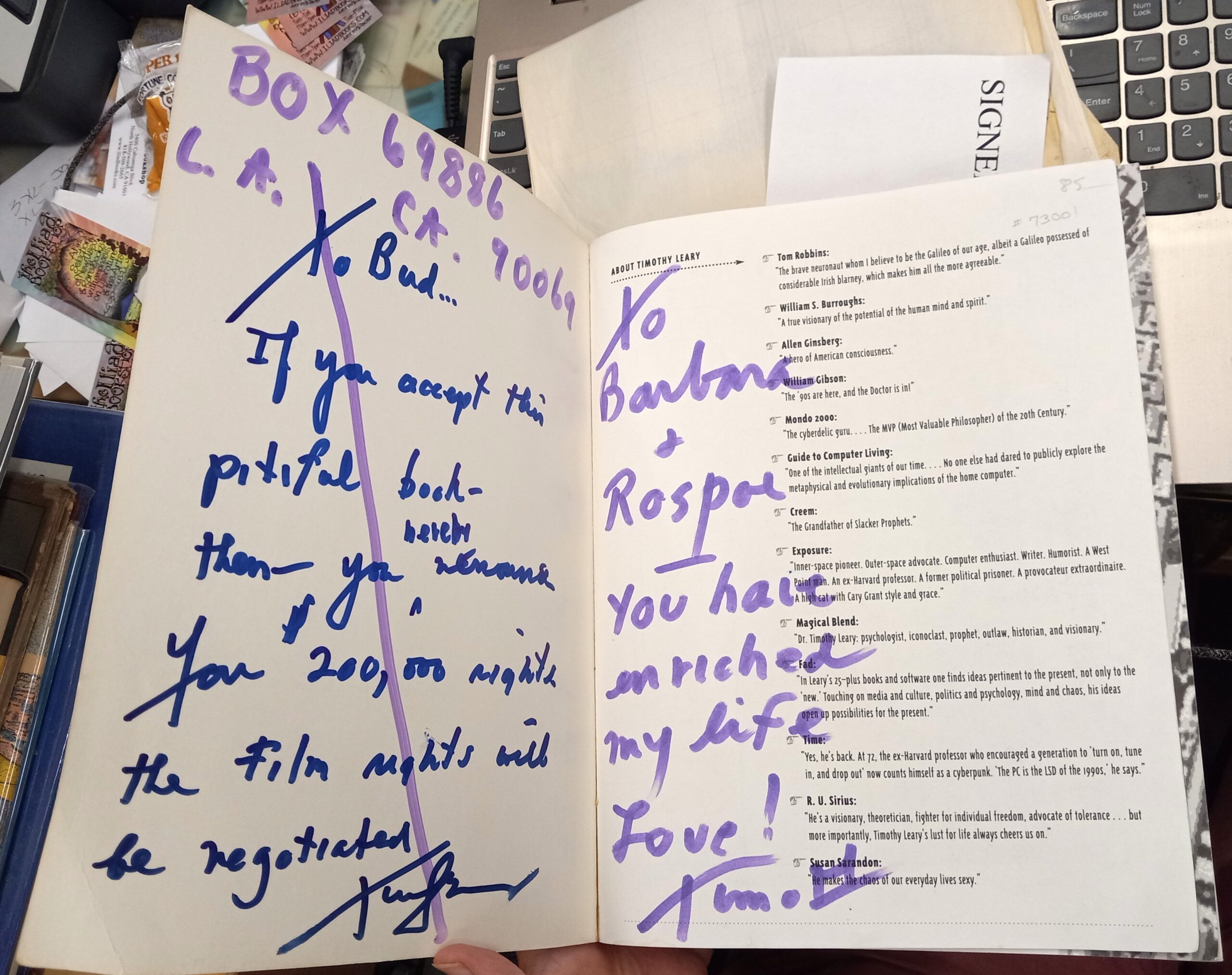 Chaos and Cyber Culture inside front cover and first page with author's inscriptions and signatures